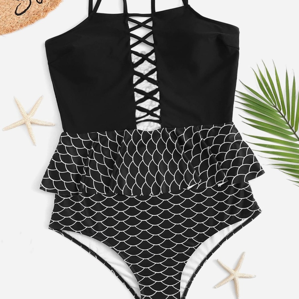 One piece black white design bathing suit lace up